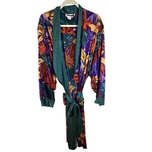La Costa Spa 100% Silk Robe Vintage Floral Jewel Tones Long Vtg Size Large